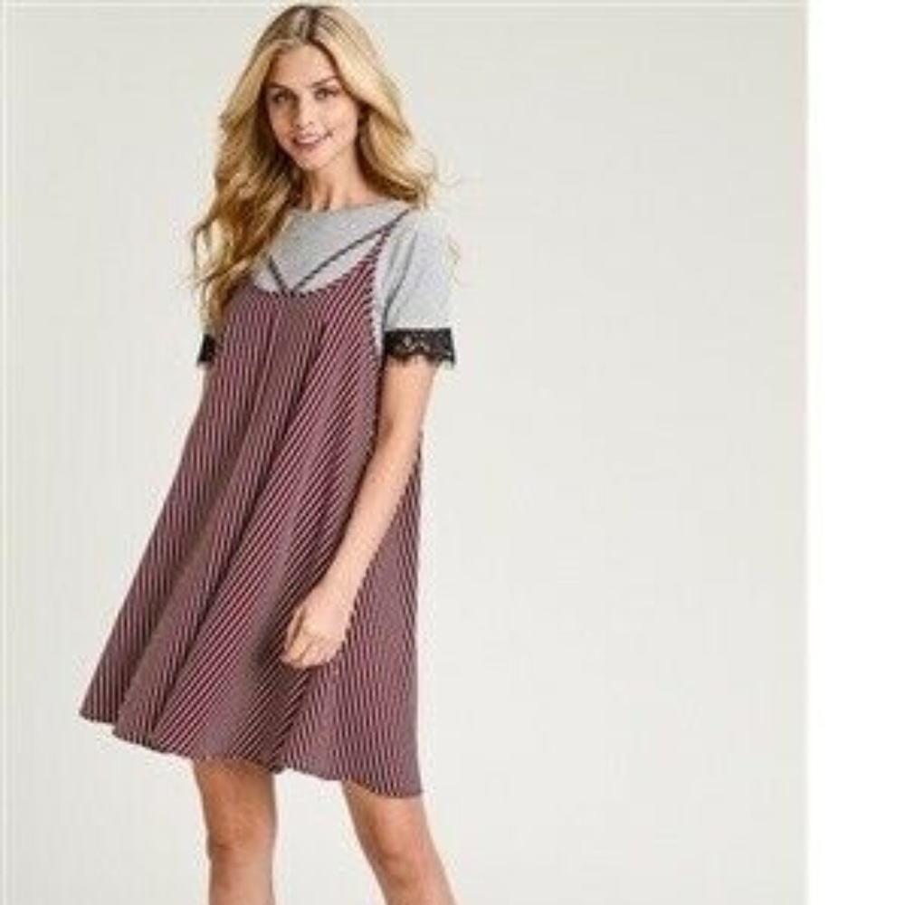 Hem & Thread Stripe Two Fer Gray Tee Knee Swing Shift Dress, Small